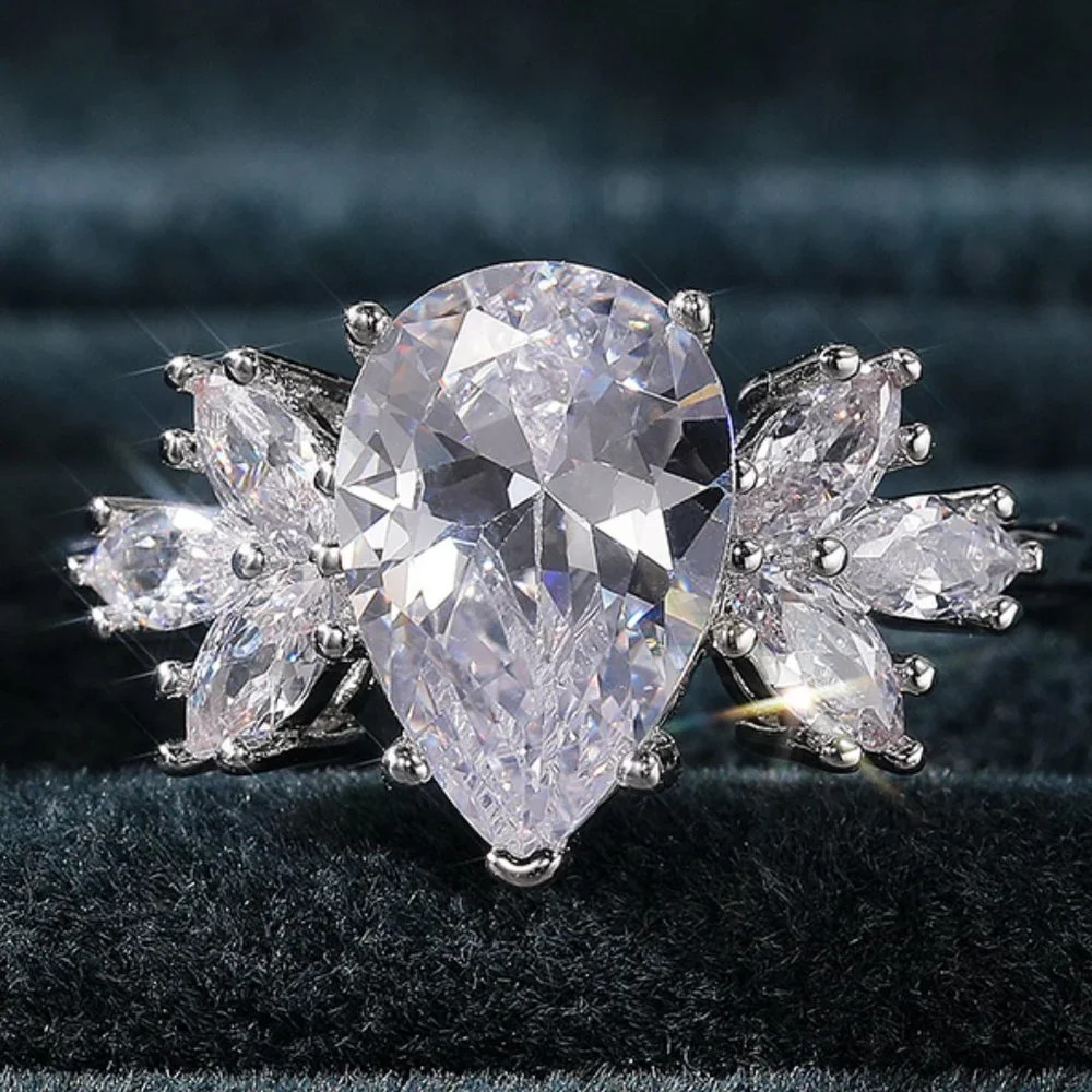 😍Beautiful Water Drop With Leaf Crystal Pure CZ Silver Pear Wedding Ring, K800